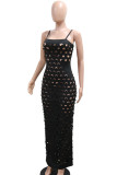 Black Sleeveless Backless Hollow Out Slit Zipper Spaghetti Strap Formal Evening Party Bodycon Maxi Slip Dress
