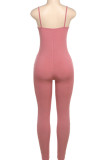 Pink Sleeveless Backless Bow Decor Spaghetti Strap Skinny Jumpsuits One Piece Bodysuit