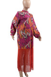 Rose Red Boho Graphics Print Fringed Trim O Neck Long Sleeve Pocket Long Vacation Midi Dresses