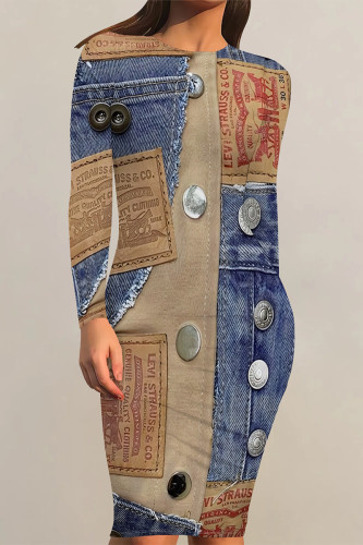 Multicolor Casual Faux Denim Print Contrast V Neck Long Sleeve Bodycon Midi Dresses