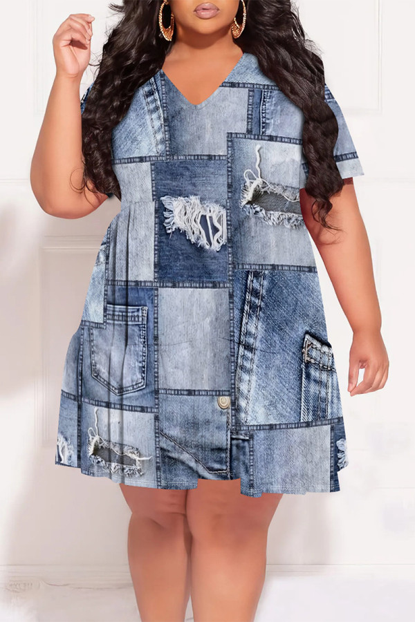 Baby Blue Casual Faux Denim Print Pocket V Neck Short Sleeve Plus Size Straight Midi T-shirt Dresses