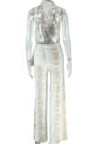 Milky Casual Stripe Print Backless Irregular Vacation Halter Wide Leg Jumpsuits