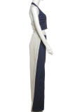 Blue Casual Sleeveless Halter Denim Crop Tops And Wide Leg Pants Two Pieces Trouser Sets