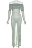 Light Green See-Through Backless Off Shoulder Long Sleeve One Step Skirt  Formal Evening Party Bodycon Maxi Dress
