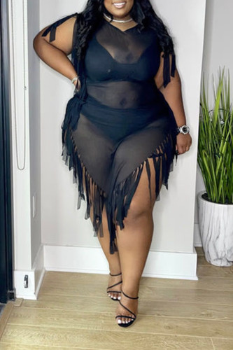 Black Fringed Trim See-Through V Neck Sleeveless Irregular Plus Size Bodycon Midi Dresses