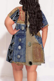Multicolor Casual Faux Denim Print Pocket V Neck Short Sleeve Plus Size Straight Midi T-shirt Dresses