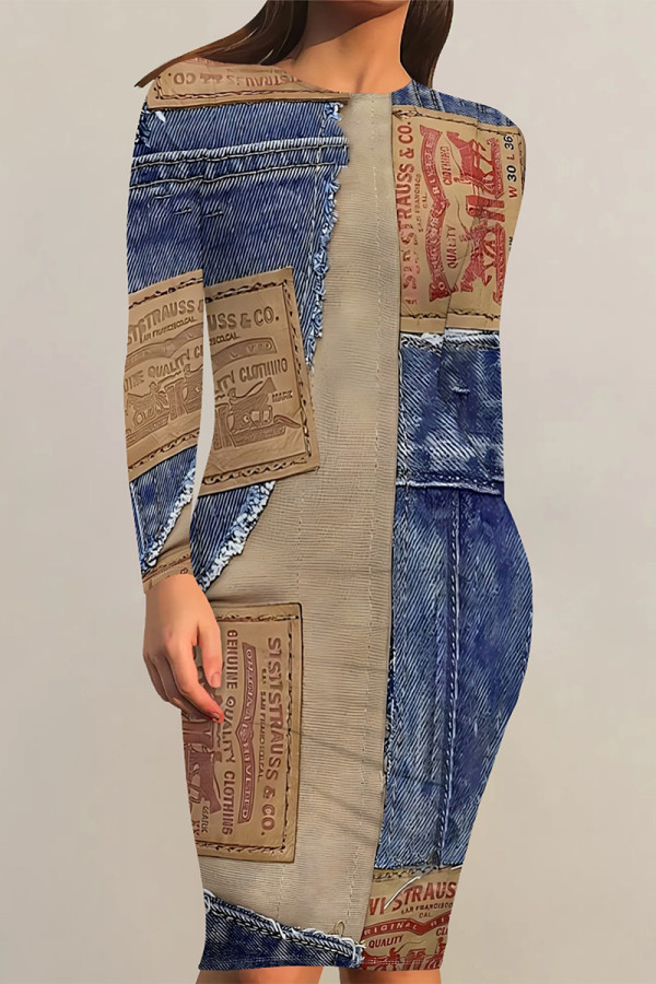Blue Coffee Casual Faux Denim Print Contrast V Neck Long Sleeve Bodycon Midi Dresses
