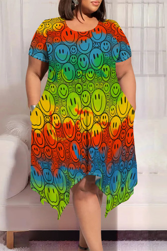 Colour Casual Graphics Smiley Face Print Pocket O Neck Short Sleeve Irregular Hem Plus Size Midi T-shirt Dresses
