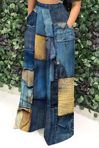 Blue Casual Faux Denim Print Pocket Contrast Loose High Waist Wide Leg Full Print Bottoms
