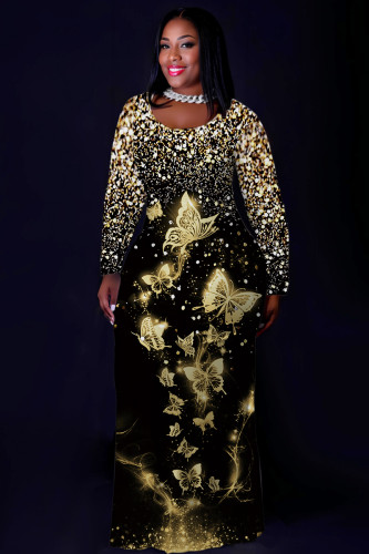 Black Gold Casual Graphcis Print O Neck Long Sleeve Straight Floor Length Vacation Baggy Plus Size Maxi Dress
