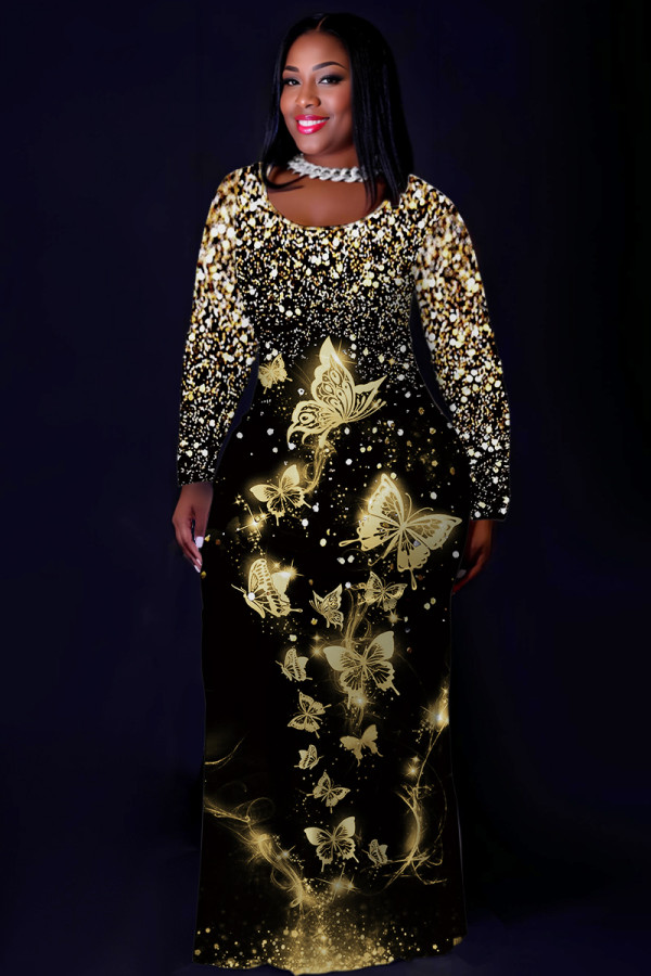 Black Gold Casual Graphcis Print O Neck Long Sleeve Straight Floor Length Vacation Baggy Plus Size Maxi Dress