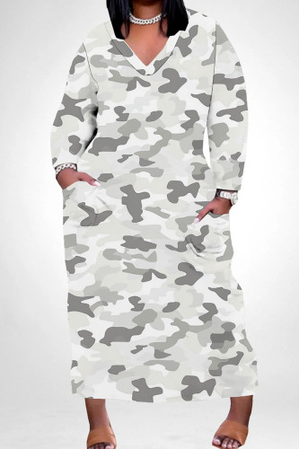 Gray White Casual African Camouflage Print V Neck Long Sleeve Pokcets Vacation Loose Maxi Dress