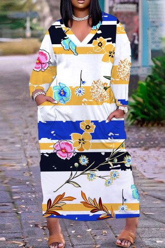 Yellow And Blue Casual Floral Print V Neck Long Sleeve Pockets Casual Straight Loose Maxi Dress