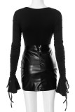 Black Casual Square Neck Long Sleeve Draw String Tops And Slit Leather Mini Skirt Two Pieces Dress Sets