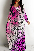 Rose Red Casual Graphcis Print O Neck Long Sleeve Straight Floor Length Vacation Baggy Plus Size Maxi Dress