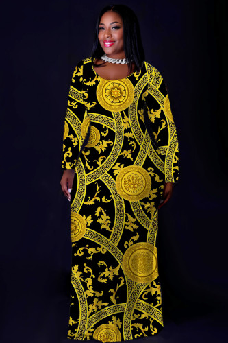 Gold Casual Graphcis Print O Neck Long Sleeve Straight Floor Length Vacation Baggy Plus Size Maxi Dress