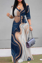 Blue White Casual Geometric Print V Neck Half Sleeve Strap Floor Length Design Vacation Long A Line Loose Maxi Dresses