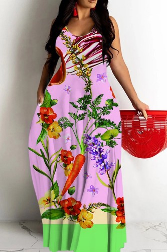 Rose Red Floral Print Backless Spaghetti Strap Floor Length Vacation Baggy Sundress Slip Maxi Dress