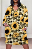 Camouflage Casual Camouflage Butterfly Flowers Print Pocket V Neck Long Sleeve Plus Size Straight Loose Midi T-Shirt Dress
