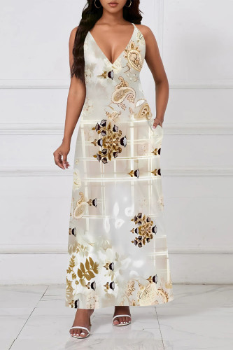 Beige Casual Boho Floral Print Pocket Sleeveless V Neck Long Vacation Maxi Slip Dress