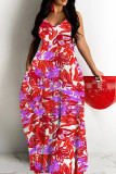 Red Floral Print Backless Spaghetti Strap Floor Length Vacation Baggy Sundress Slip Maxi Dress