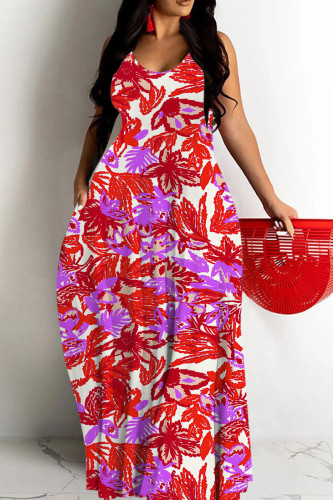 Red Floral Print Backless Spaghetti Strap Floor Length Vacation Baggy Sundress Slip Maxi Dress