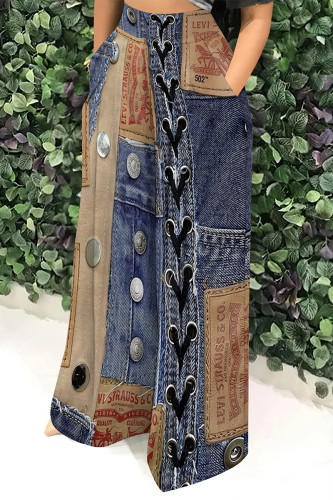 Blue Coffee Casual Faux Denim Print Pocket Contrast Loose High Waist Wide Leg Full Print Bottoms