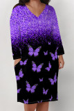 Camouflage Casual Camouflage Butterfly Flowers Print Pocket V Neck Long Sleeve Plus Size Straight Loose Midi T-Shirt Dress