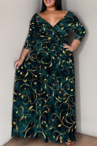 Dark Green Casual Print Strap Design V Neck Long Sleeve Three Quarter Lace Up Vacation Plus Size Loose Plus Size Maxi Shirt Dresse