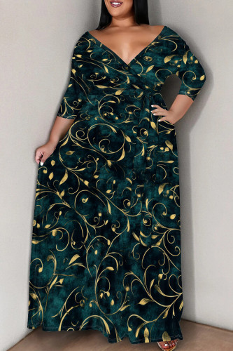 Dark Green Casual Print Strap Design V Neck Long Sleeve Three Quarter Lace Up Vacation Plus Size Loose Plus Size Maxi Shirt Dresse