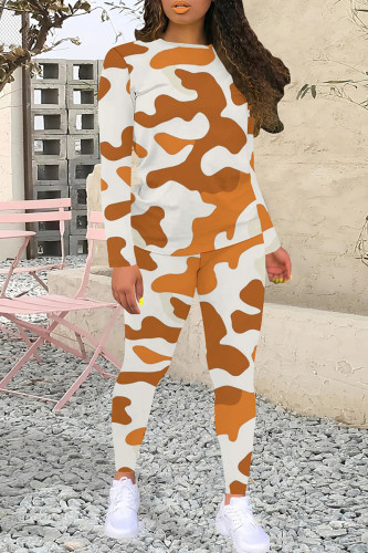 Orange Casual Camouflage Print O Neck Long Sleeve Sweatshirt And Sweatpants Sportwear Two Pieces Jogger Sets