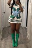 White Casual Letter Print V Neck Shorts Sleeve Oversize T-Shirts