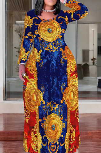 Multicolor Graphcis Print Long Sleeve Floor Length Loose Vacation Baggy Maxi Dress