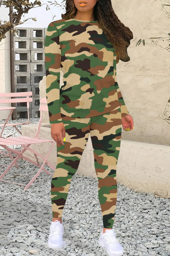 Dark Green Casual Camouflage Print O Neck Long Sleeve Sweatshirt And Sweatpants Sportwear Two Pieces Jogger Sets