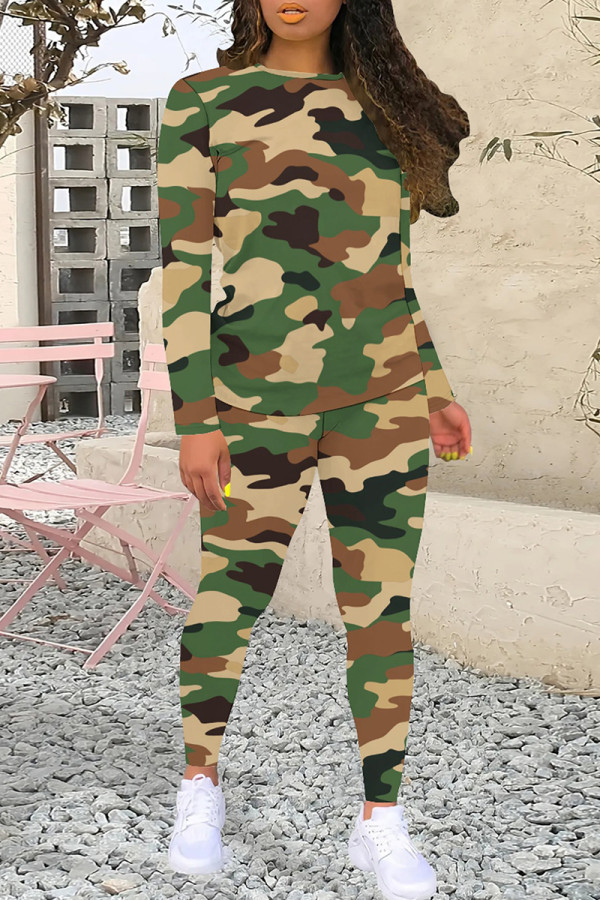 Dark Green Casual Camouflage Print O Neck Long Sleeve Sweatshirt And Sweatpants Sportwear Two Pieces Jogger Sets