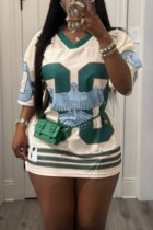 White Casual Letter Print V Neck Shorts Sleeve Oversize T-Shirts
