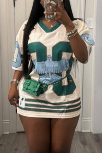 White Casual Letter Print V Neck Shorts Sleeve Oversize T-Shirts
