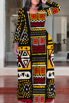 Black Yellow Casual Boho National Totem Print Long Sleeve Floor Length Loose Vacation Baggy Maxi Dress