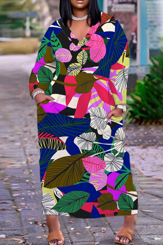Blue Casual Floral Print V Neck Long Sleeve Pockets Casual Straight Loose Maxi Dress