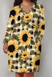 Camouflage Casual Camouflage Butterfly Flowers Print Pocket V Neck Long Sleeve Plus Size Straight Loose Midi T-Shirt Dress