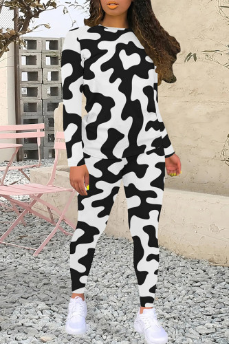 Black And White Casual Camouflage Print O Neck Long Sleeve Sweatshirt And Sweatpants Sportwear Two Pieces Jogger Sets