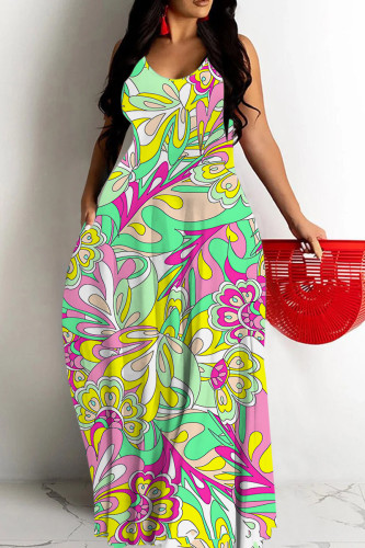 Light Green Floral Print Backless Spaghetti Strap Floor Length Vacation Baggy Sundress Slip Maxi Dress