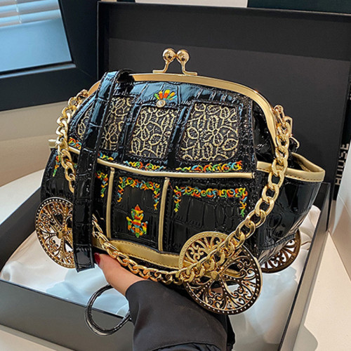 Black Casual Small Car Shaped Handbag With Embroidery Chain Top-Handle Crossbody