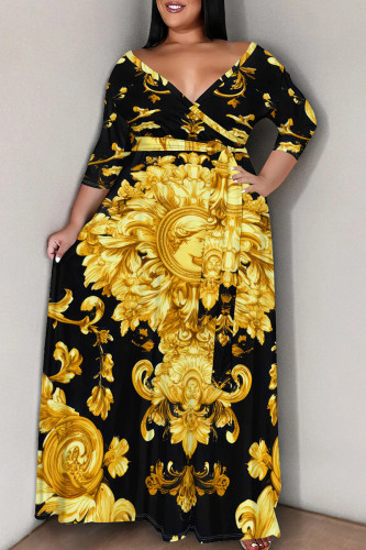 Gold Casual Print Strap Design V Neck Long Sleeve Three Quarter Lace Up Vacation Plus Size Loose Plus Size Maxi Shirt Dresse