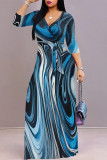 Green Casual Geometric Print V Neck Half Sleeve Strap Floor Length Design Vacation Long A Line Loose Maxi Dresses