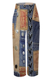 Dark Blue Casual Faux Denim Print Pocket Contrast Loose High Waist Wide Leg Full Print Bottoms