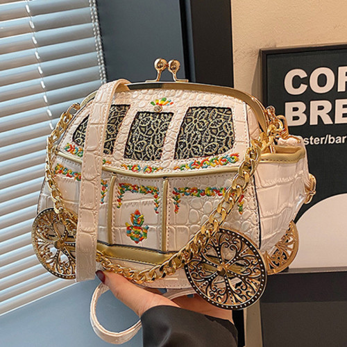 White Casual Small Car Shaped Handbag With Embroidery Chain Top-Handle Crossbody