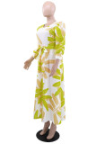 Multicolor Casual Leaf Print O Neck Long Sleeve Lace Up Long Vacation A Line Maxi Dresses