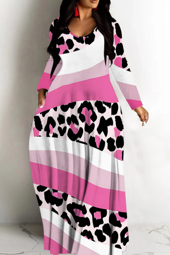 White Pink Casual Graphcis Print O Neck Long Sleeve Straight Floor Length Vacation Baggy Plus Size Maxi Dress