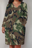 Camouflage Casual Camouflage Butterfly Flowers Print Pocket V Neck Long Sleeve Plus Size Straight Loose Midi T-Shirt Dress